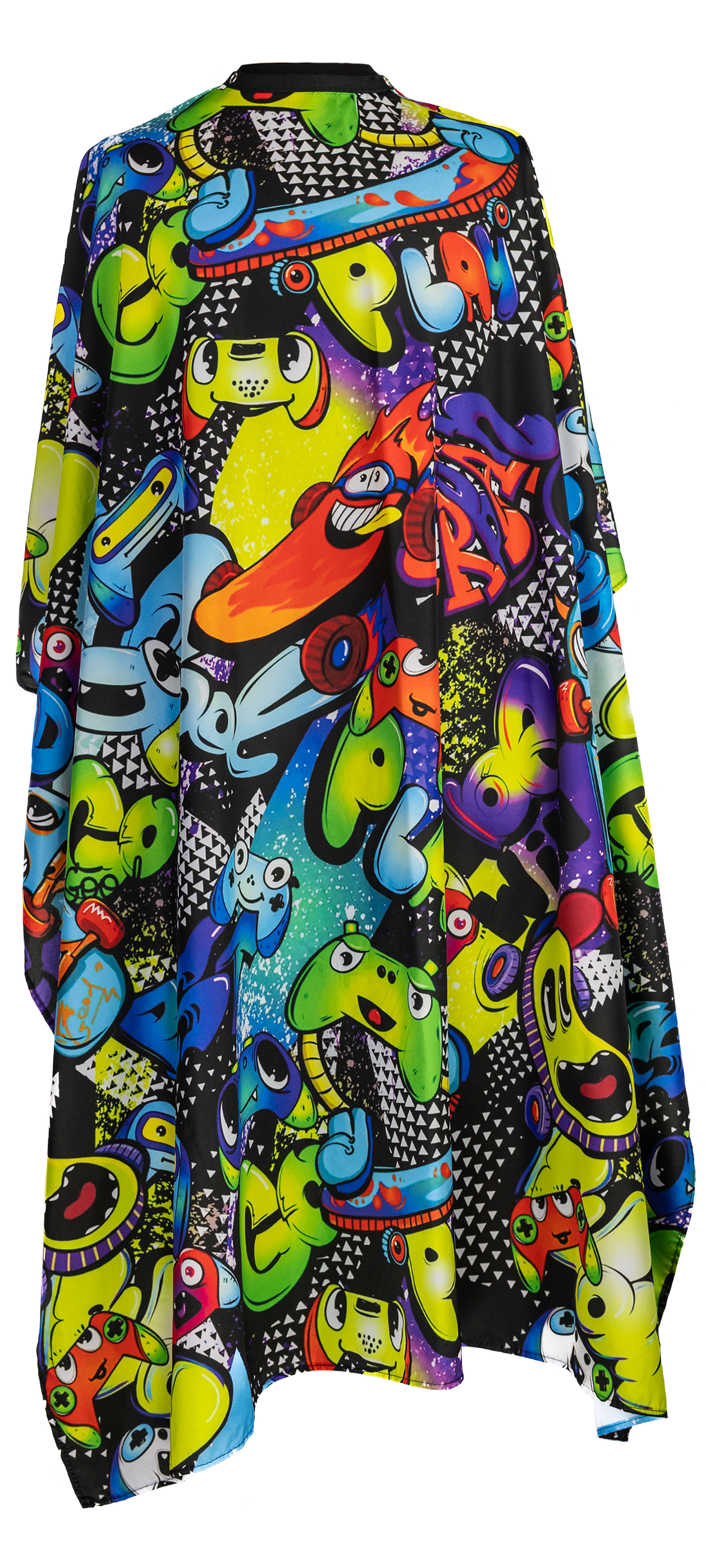 Graffiti Themed waterproof professional barber and salon cape with metal snap closures and unique design including the vibrant colorful style featuring graffiti style gaming controllers skateboards and words play and cool