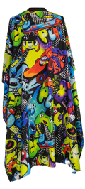 Graffiti Themed waterproof professional barber and salon cape with metal snap closures and unique design including the vibrant colorful style featuring graffiti style gaming controllers skateboards and words play and cool