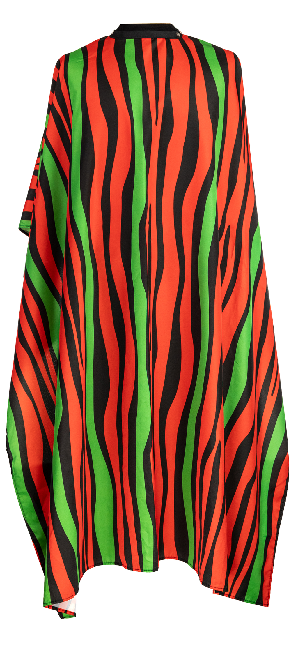 Red Black and Green Striped Themed waterproof professional barber and salon cape with metal snap closures and unique design including the Pan-African style horizontal stripes RBG
