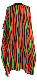 Red Black and Green Striped Themed waterproof professional barber and salon cape with metal snap closures and unique design including the Pan-African style horizontal stripes RBG